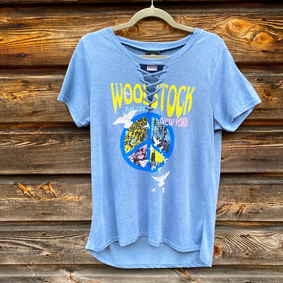 Vintage Concert Tees Blue Woodstock Short Sleeve Tee Shirt with Lace Up Detail - Picture 1 of 8